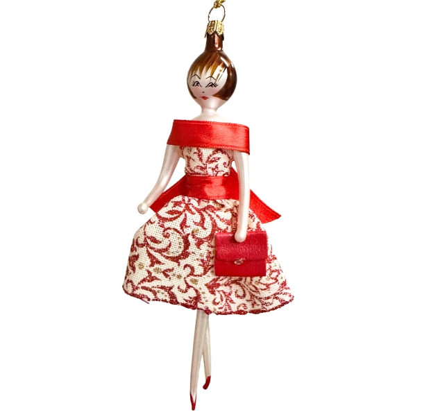 Soffieria De Carlini Lady in Red & White Dress glass Christmas ornament