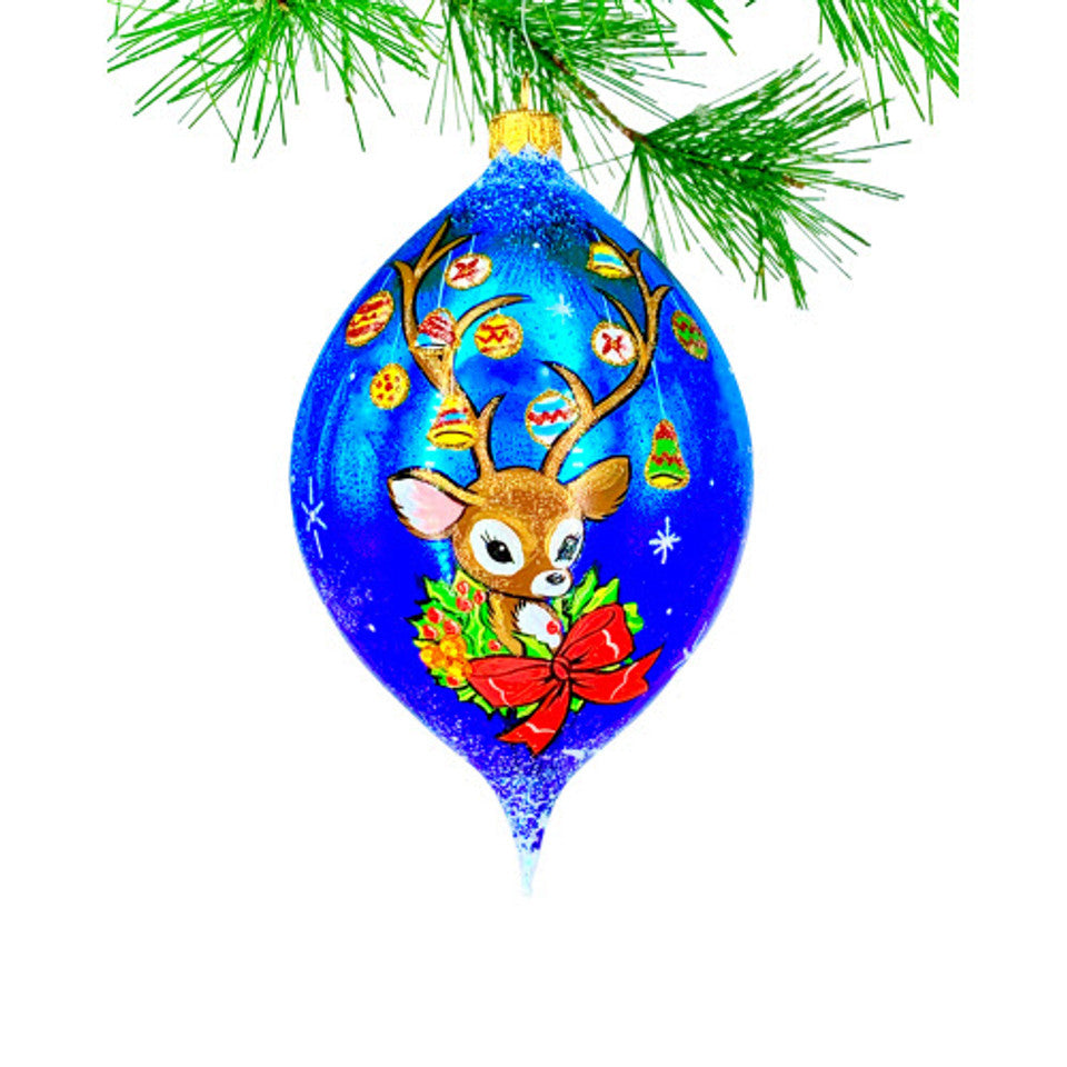 Christopher Radko Heartfully Yours blue Christmas tree ornament reindeer wreath red bow