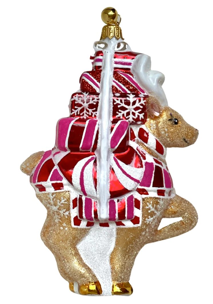 Ria Renna Jinglenog reindeer christmas ornament pink white and red presents 