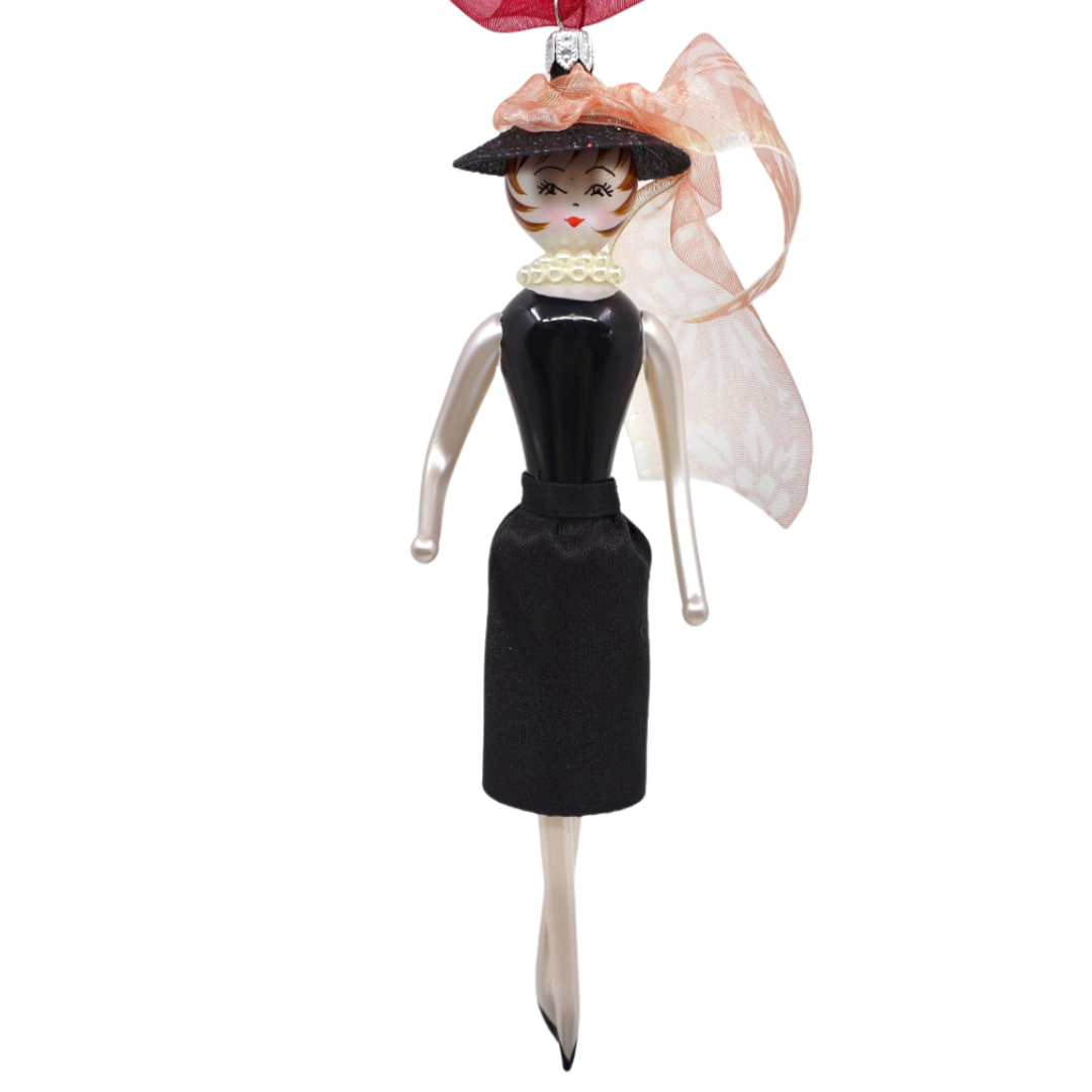 Soffieria De Carlini Italian glass ornament lady in black dress with hat and pearls audrey hepburn