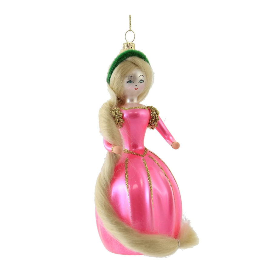 Rapunzel glass ornament made in Italy hand crafted mouth blown pink with gold and green head piece