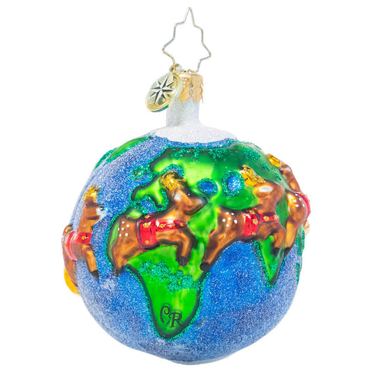 Christopher Radko Christmas ornament gem Peace on Earth Santa in sleigh with reindeer on world globe 