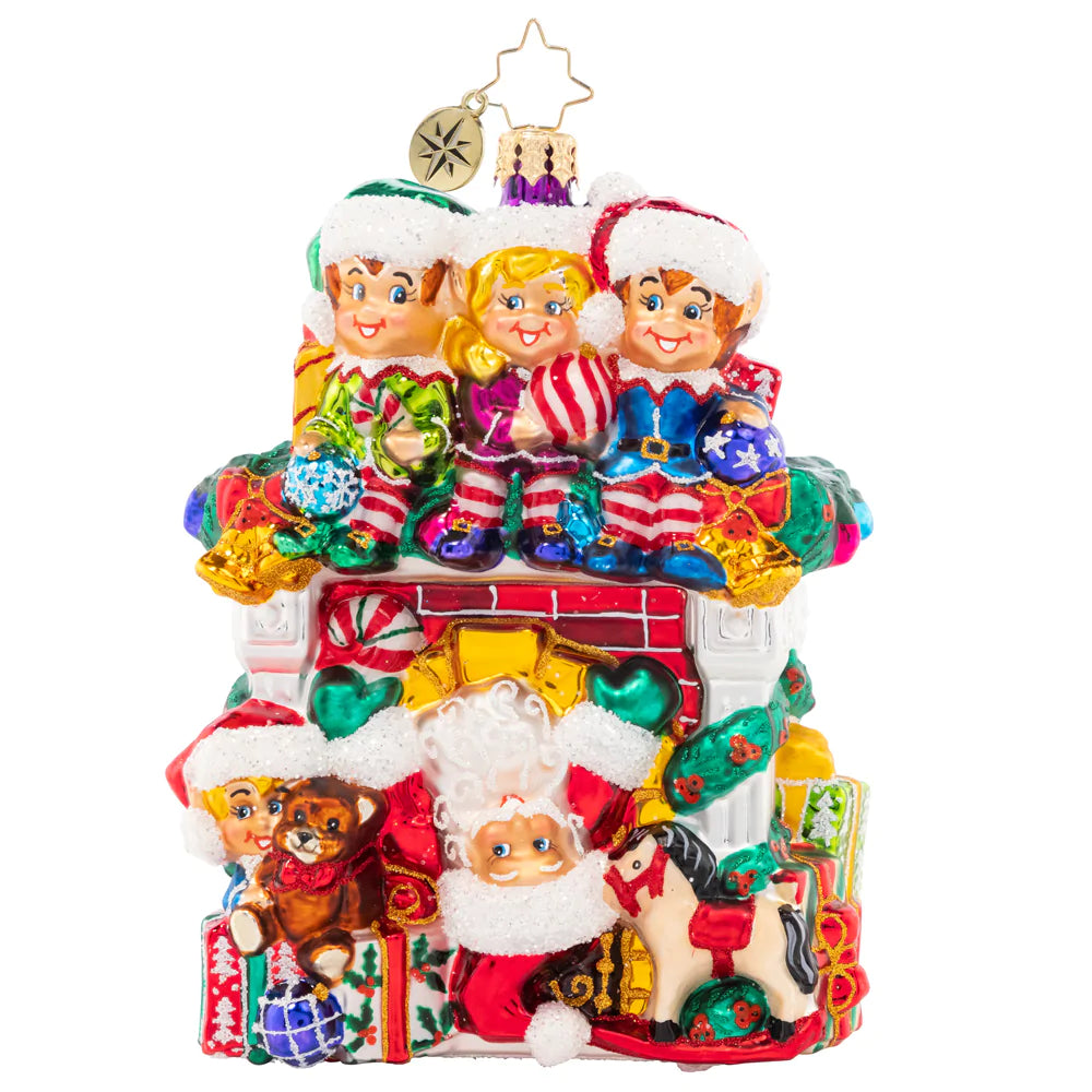 Christopher Radko Fireplace High Jinks Christmas ornament Santa and Elves 