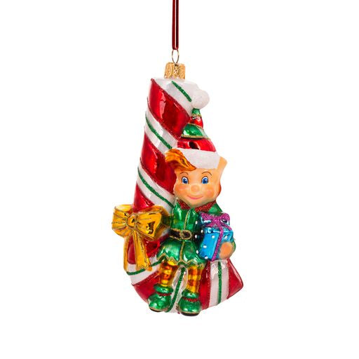 Elf on Candy Cane Ornament