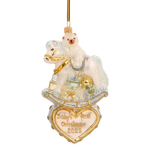 baby's first Christmas 2022 ornament blue and gold rocking horse on heart 