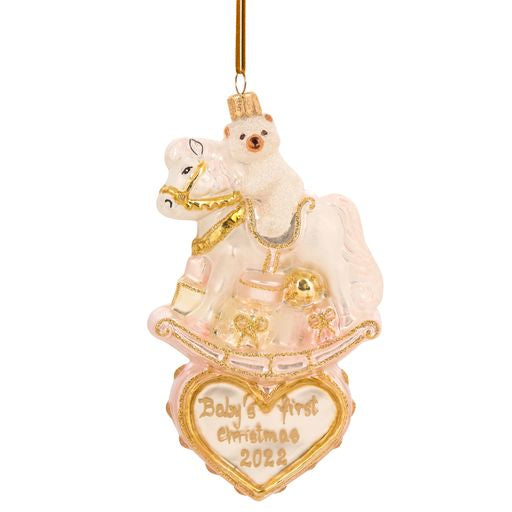 baby's first Christmas 2022 pink and gold ornament rocking horse on heart 