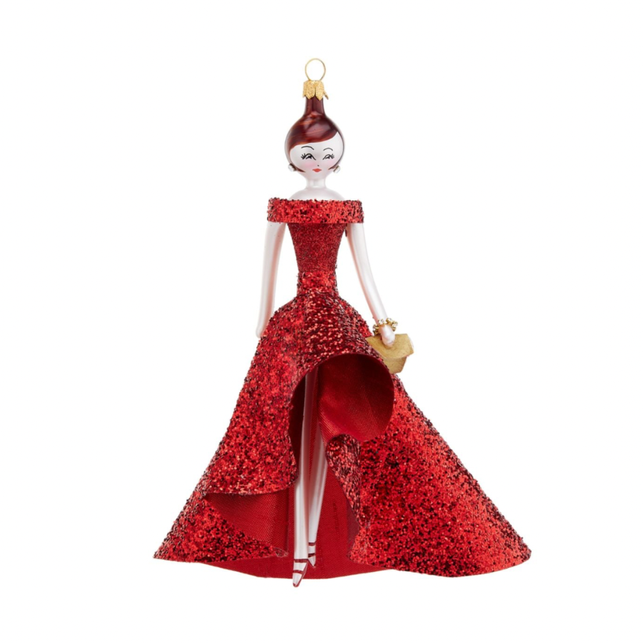 Soffieria De Carlini mouth blown glass ornament hand crafted in Italy fashion lady in sparkly red dress 